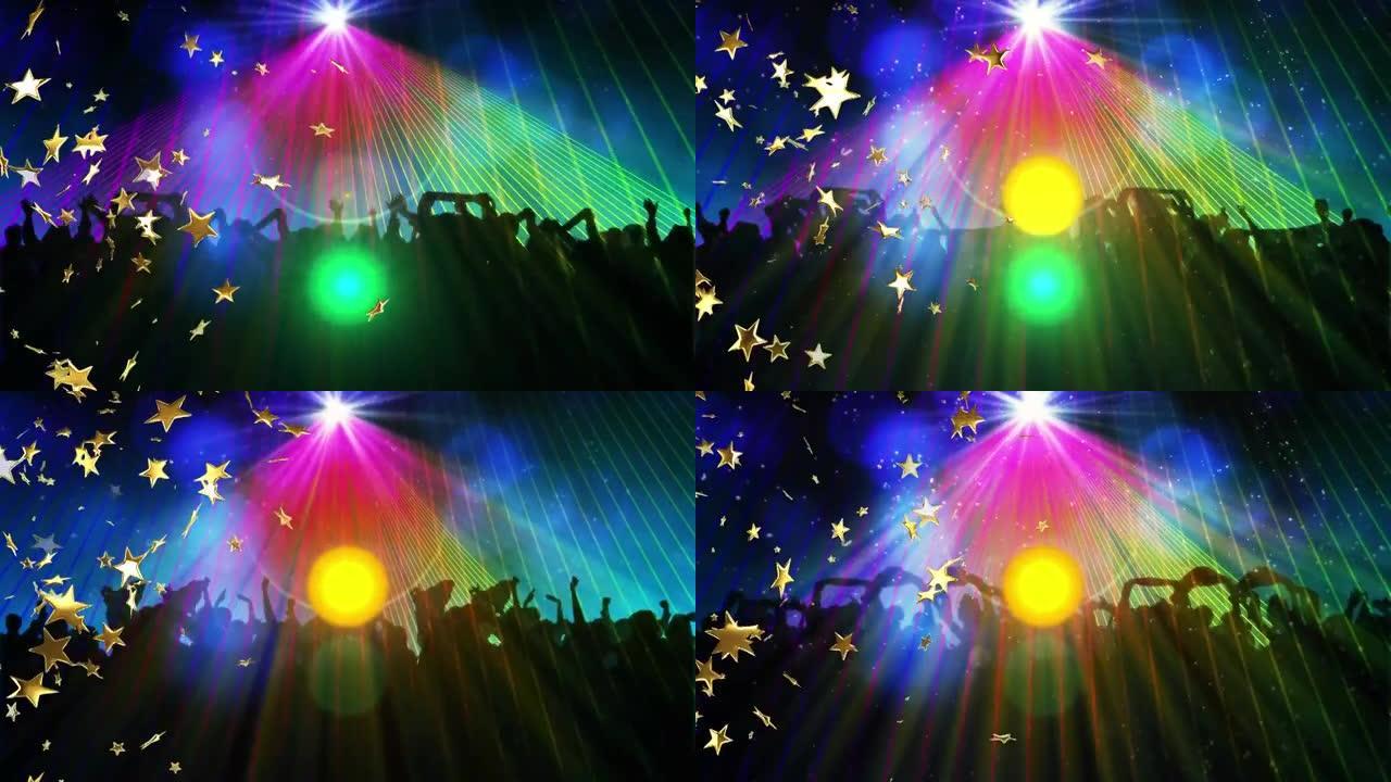 星星掉落的动画在彩色背景上跳舞的人的剪影