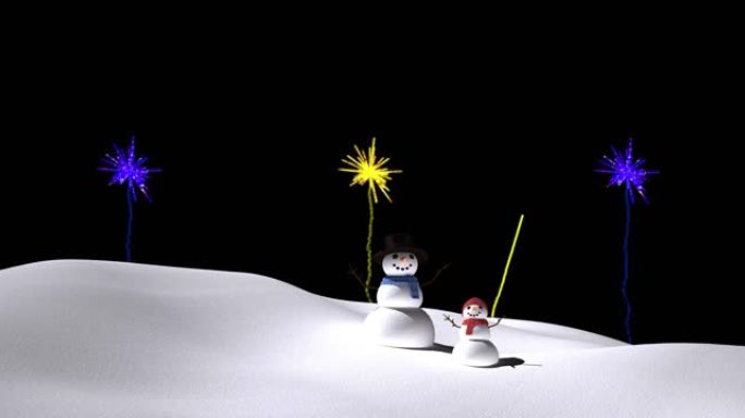 紫色和黄色圣诞节和新年烟花在夜空中爆炸的雪人动画