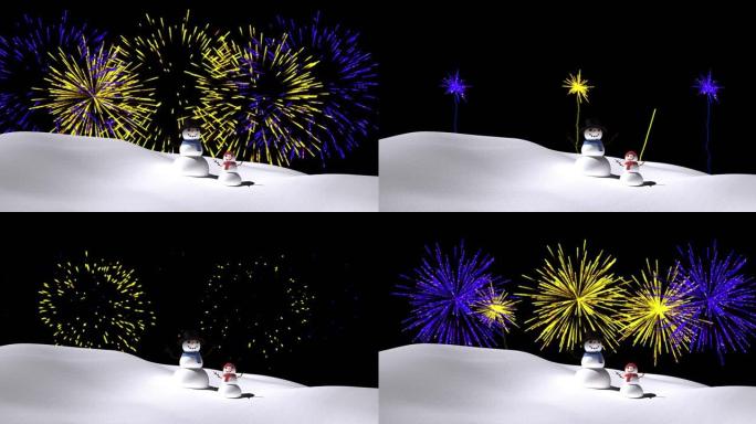 紫色和黄色圣诞节和新年烟花在夜空中爆炸的雪人动画