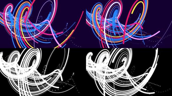 摘要具有多色粒子和线扭曲成螺旋的bg循环旋转。循环动画作为曲线和粒子的运动设计背景。美丽的丝带。Lu