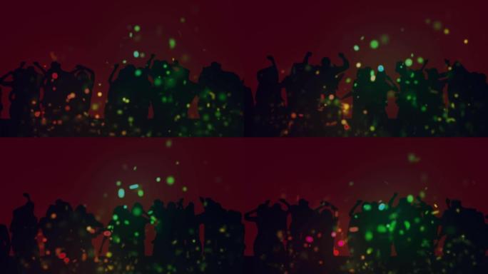 红色背景的舞蹈人群上的彩色光点动画
