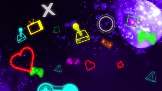 黑色发光粒子和紫色灯光的彩色游戏和媒体图标动画