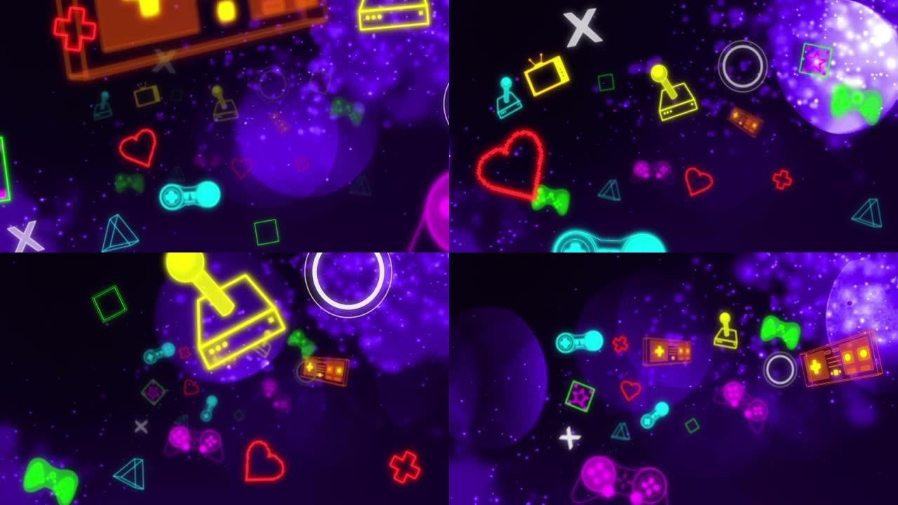 黑色发光粒子和紫色灯光的彩色游戏和媒体图标动画