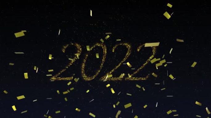 金色动画2022年文本与新年烟花和夜空中的金色五彩纸屑