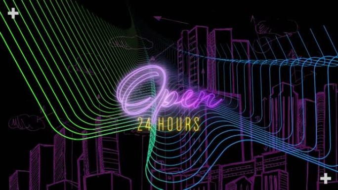 粉红色霓虹灯在彩色平行线和黑色紫色城市中的24小时开放文本动画