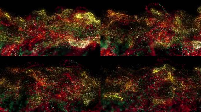 红黄蓝粒子云在黑色背景上移动的动画