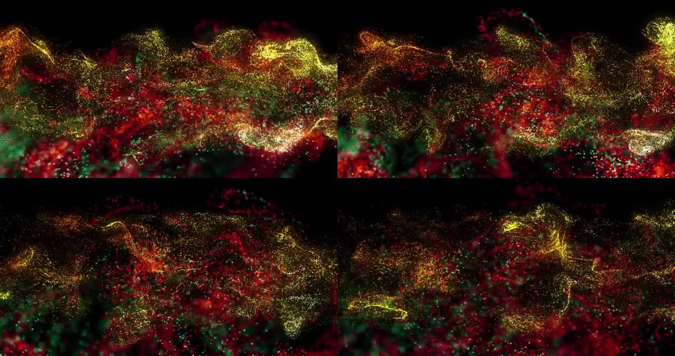 红黄蓝粒子云在黑色背景上移动的动画