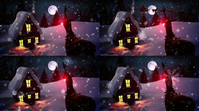 圣诞老人在雪橇上的动画，飘雪，驯鹿，房屋和冬季景观