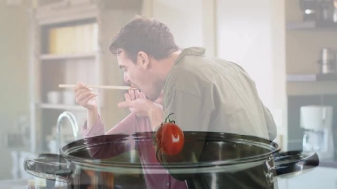 快乐的多样化夫妇在锅中烹饪西红柿的动画