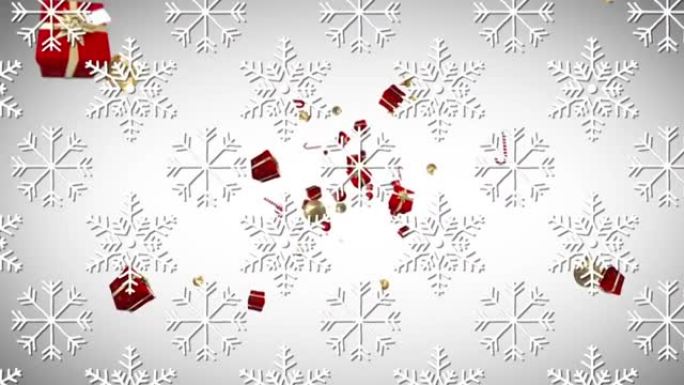 雪花图标无缝图案，对照圣诞礼物，小玩意和糖果棒图标漂浮