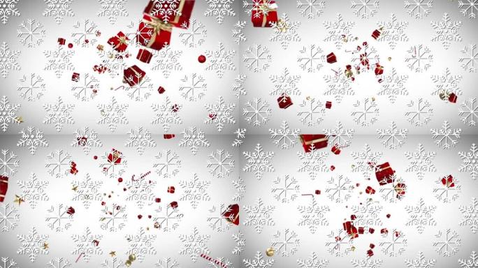 雪花图标无缝图案，对照圣诞礼物，小玩意和糖果棒图标漂浮
