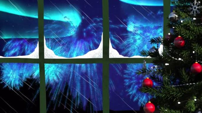 圣诞树和烟花在夜空中爆炸的窗户动画