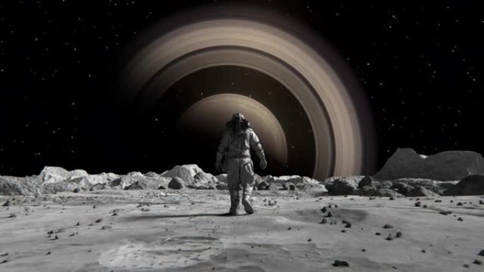 勇敢的宇航员穿着太空服自信地在月球上走向被岩石覆盖的土星。月球表面的第一位宇航员。人类的重要时刻。先