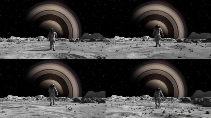 勇敢的宇航员穿着太空服自信地在月球上走向被岩石覆盖的土星。月球表面的第一位宇航员。人类的重要时刻。先