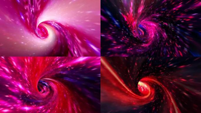 抽象深紫色红色超空间经纱隧道穿越时空动画。4K 3D循环科幻星际旅行穿过超空间涡旋隧道中的虫洞。抽象