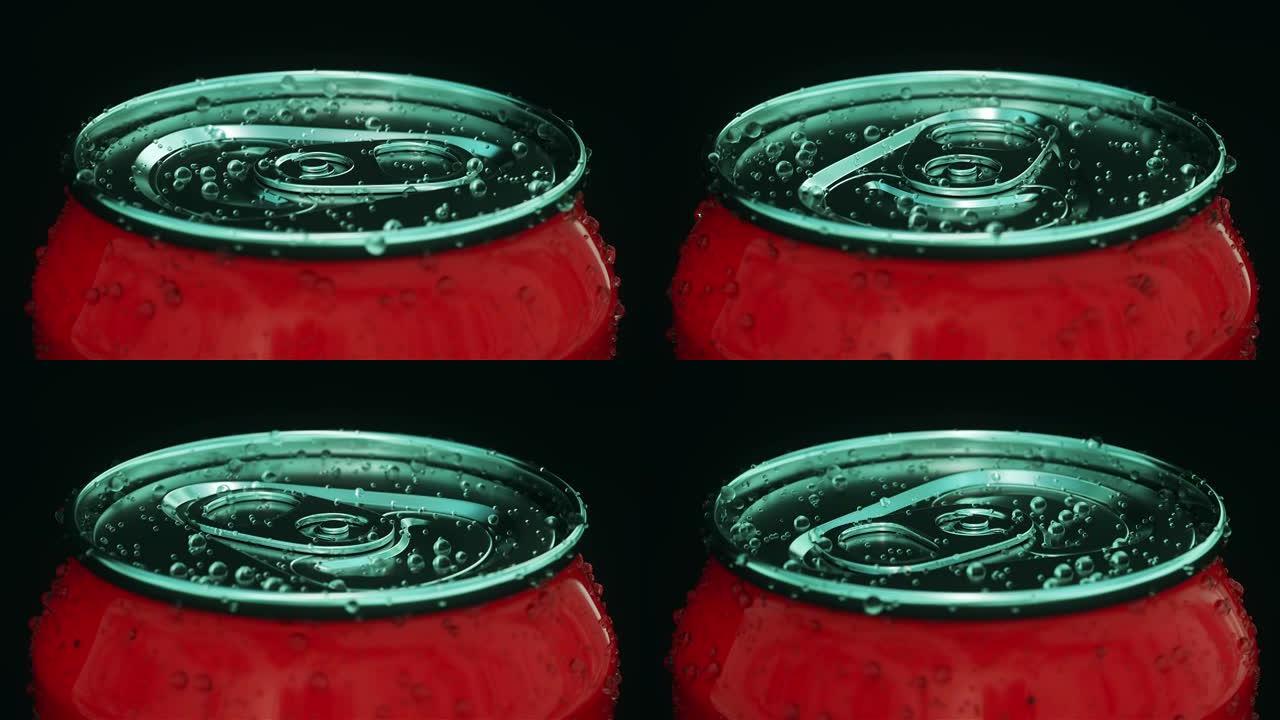 红色铝罐与饮料在黑色背景特写
