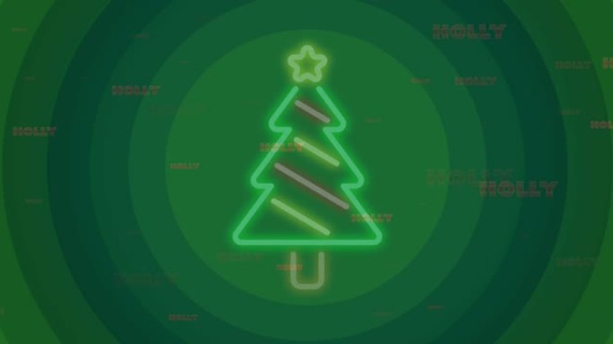 绿色圆圈上霓虹圣诞树上的冬青文字动画
