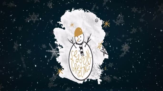 圣诞节和下雪的雪人上的季节问候文本动画