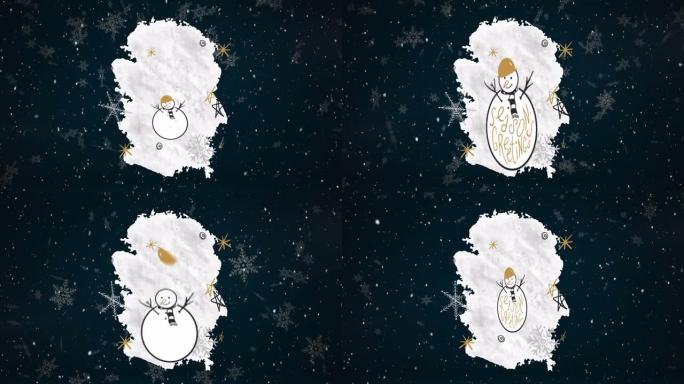 圣诞节和下雪的雪人上的季节问候文本动画