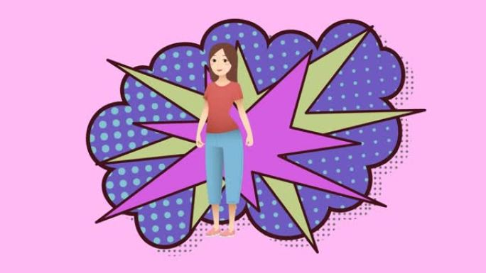 休闲服装快乐女人的插图动画，粉红色背景上的爆炸