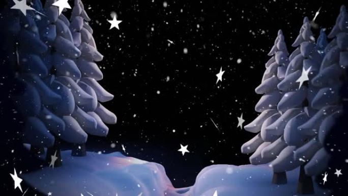 黑色背景下冬季景观上的多星图标和雪落在树上