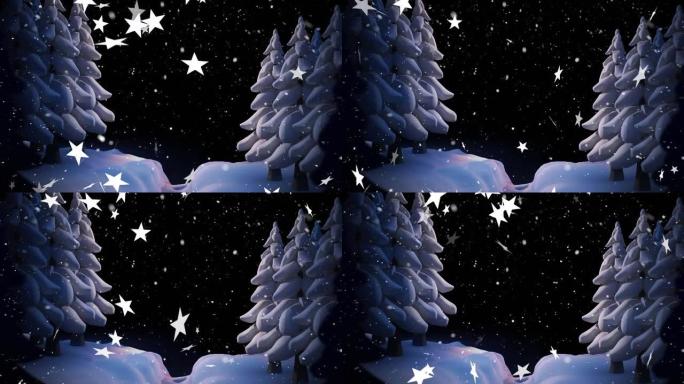 黑色背景下冬季景观上的多星图标和雪落在树上