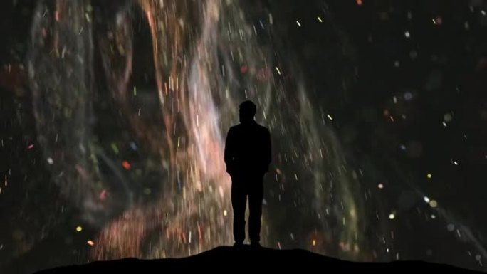 这个人站在飞行的宇宙粒子背景上