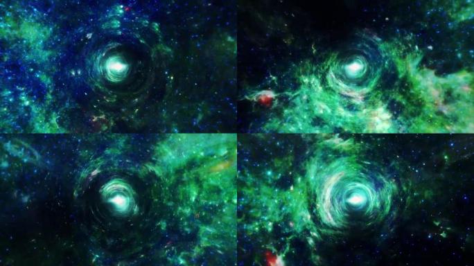 抽象垃圾绿蓝隧道虫洞背景。太空穿越蠕虫洞时间隧道。4K 3D无缝循环。无限网络技术涡旋螺旋流VJ循环