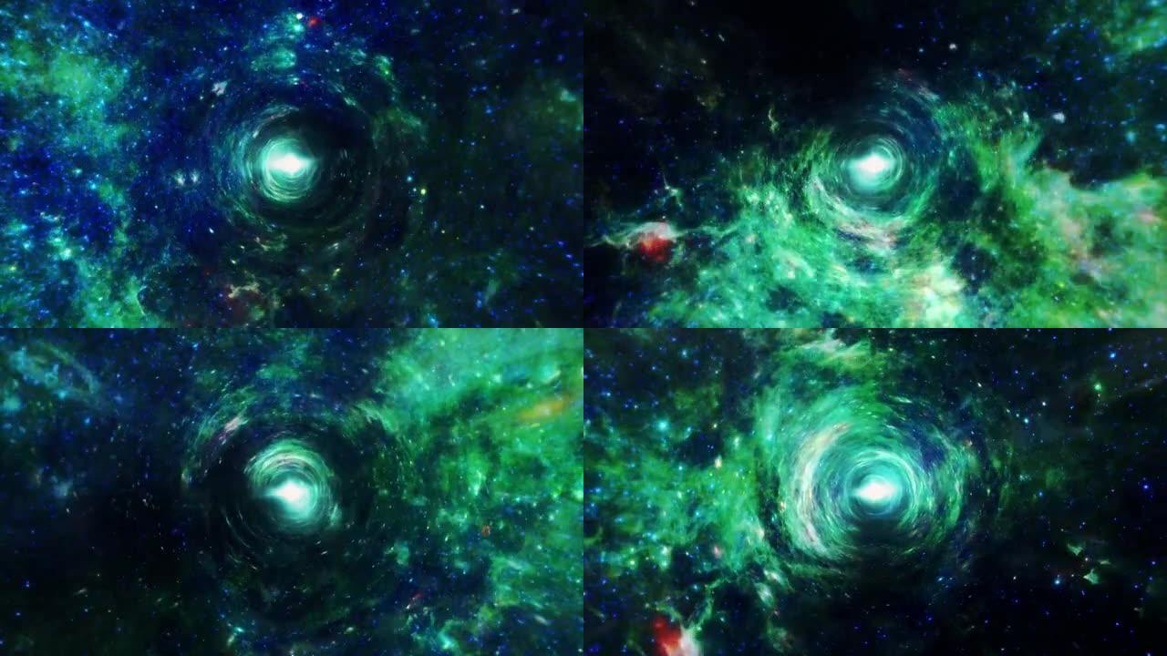 抽象垃圾绿蓝隧道虫洞背景。太空穿越蠕虫洞时间隧道。4K 3D无缝循环。无限网络技术涡旋螺旋流VJ循环