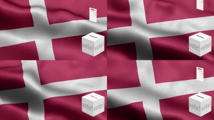 选票飞到盒子为丹麦选择-投票箱前的旗帜-选举-投票-丹麦国旗-丹麦国旗高细节-国旗丹麦波图案环元素-