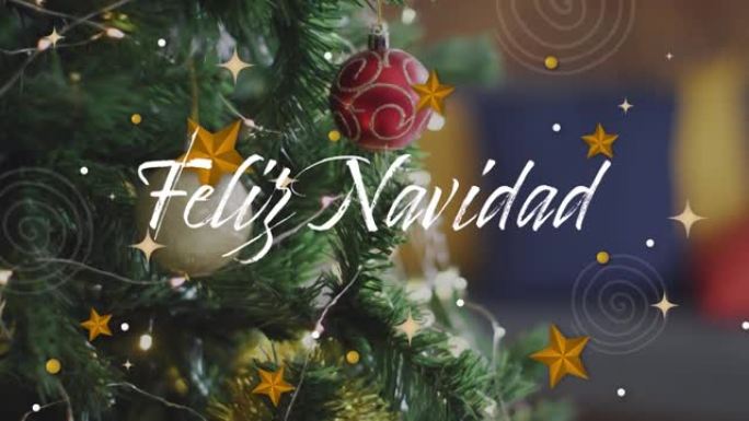 圣诞节季节的动画在圣诞树上的小玩意装饰上以西班牙语问候
