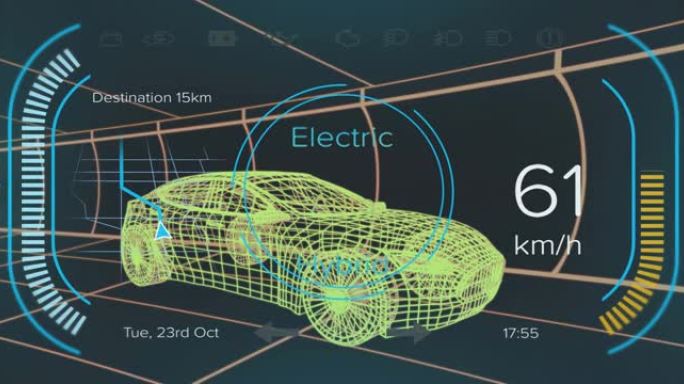 混合动力汽车接口上的速度计、全球定位系统和充电状态数据的动画，通过3d汽车模型