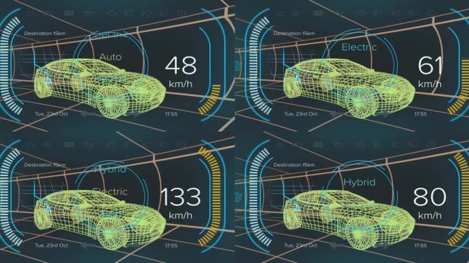 混合动力汽车接口上的速度计、全球定位系统和充电状态数据的动画，通过3d汽车模型