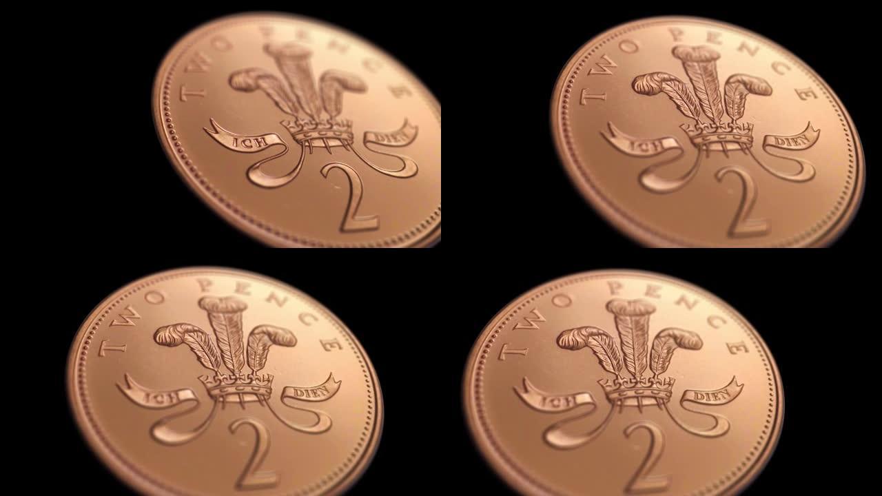 金融图表背景股票视频-英国英镑硬币现实动画背面和正面-1便士-5,10，20,50便士硬币-一英镑和