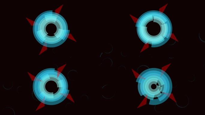 黑色背景上旋转圆形蓝色和红色扫描仪处理的动画