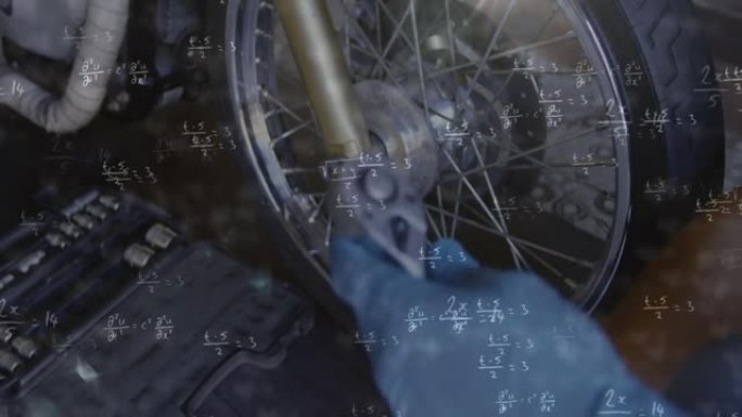 用修理摩托车车轮的人制作数学方程的动画