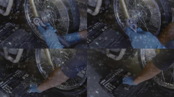 用修理摩托车车轮的人制作数学方程的动画