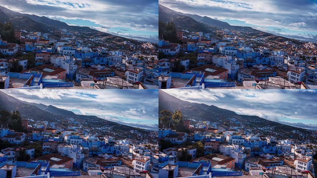 摩洛哥美丽的切夫沙乌内镇的空中延时视图。