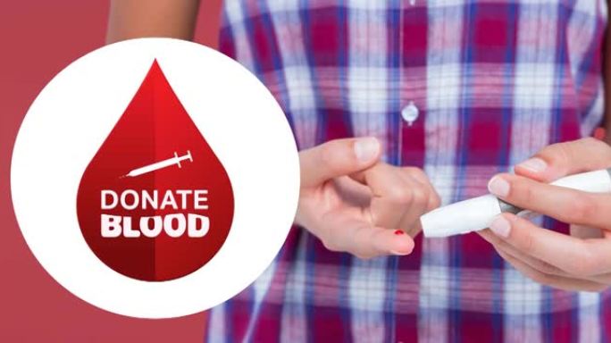 动画献血文字与注射器和液滴标志超过男子采取针刺血液测试