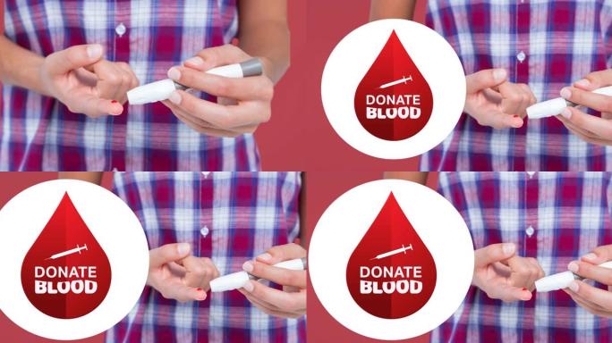 动画献血文字与注射器和液滴标志超过男子采取针刺血液测试