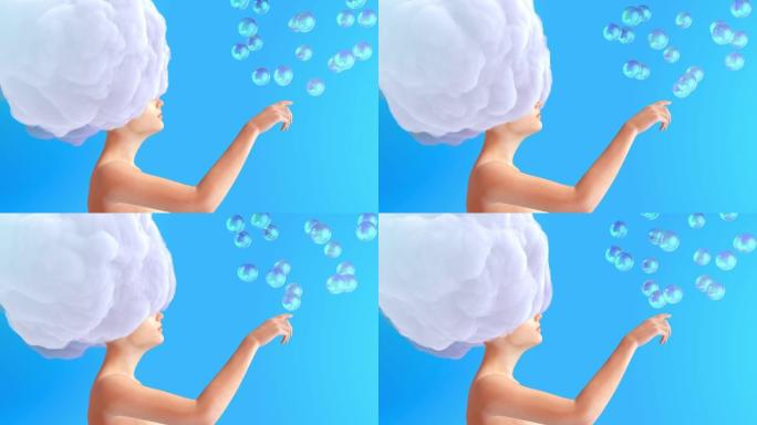 头上有云的女人身体和飞球。创意现代定格风格的现实3d艺术构图。最小抽象图形设计。时尚循环动画。
