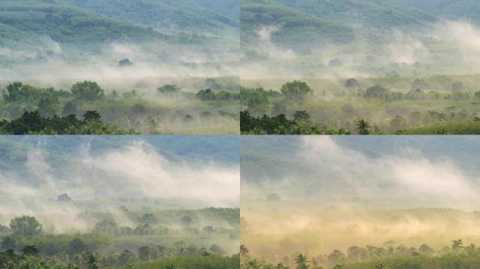 泰国宋卡府jana区Liwong村日出时山上的延时雾和阳光穿过云层