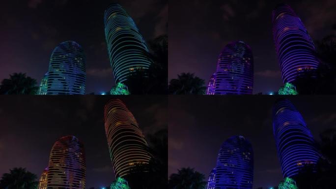夜间照明三亚著名酒店综合建筑全景4k延时中国海南岛