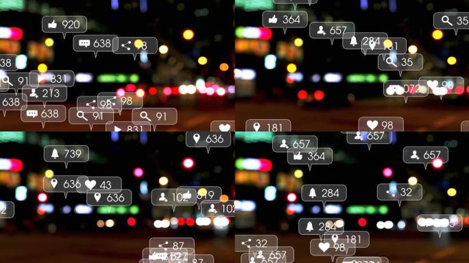 道路交通和城市景观灯光上的社交媒体图标和数字的动画