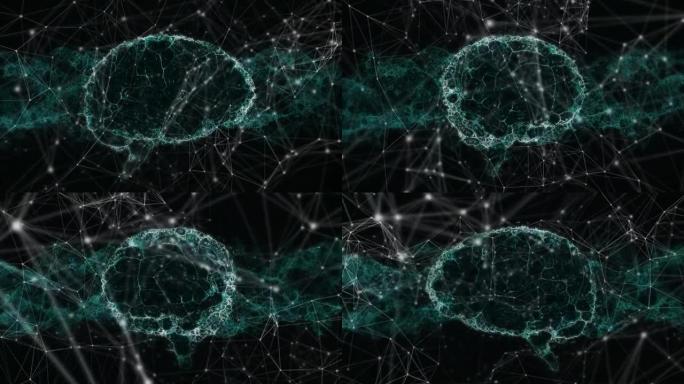 黑色背景上的网络连接和数字大脑动画