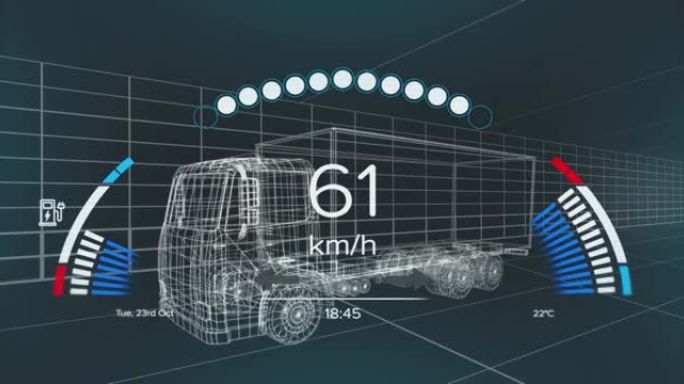 车辆接口上的速度计，gps和充电状态数据的动画，通过3d卡车模型