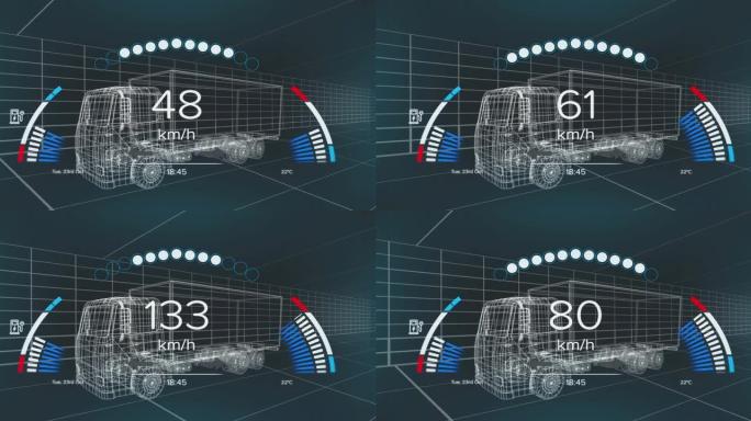 车辆接口上的速度计，gps和充电状态数据的动画，通过3d卡车模型