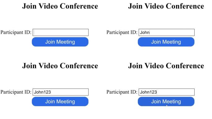 在视频会议登录中输入参与者姓名。鼠标光标滑动并单击加入会议以登录。光标点击加入网上聚会。