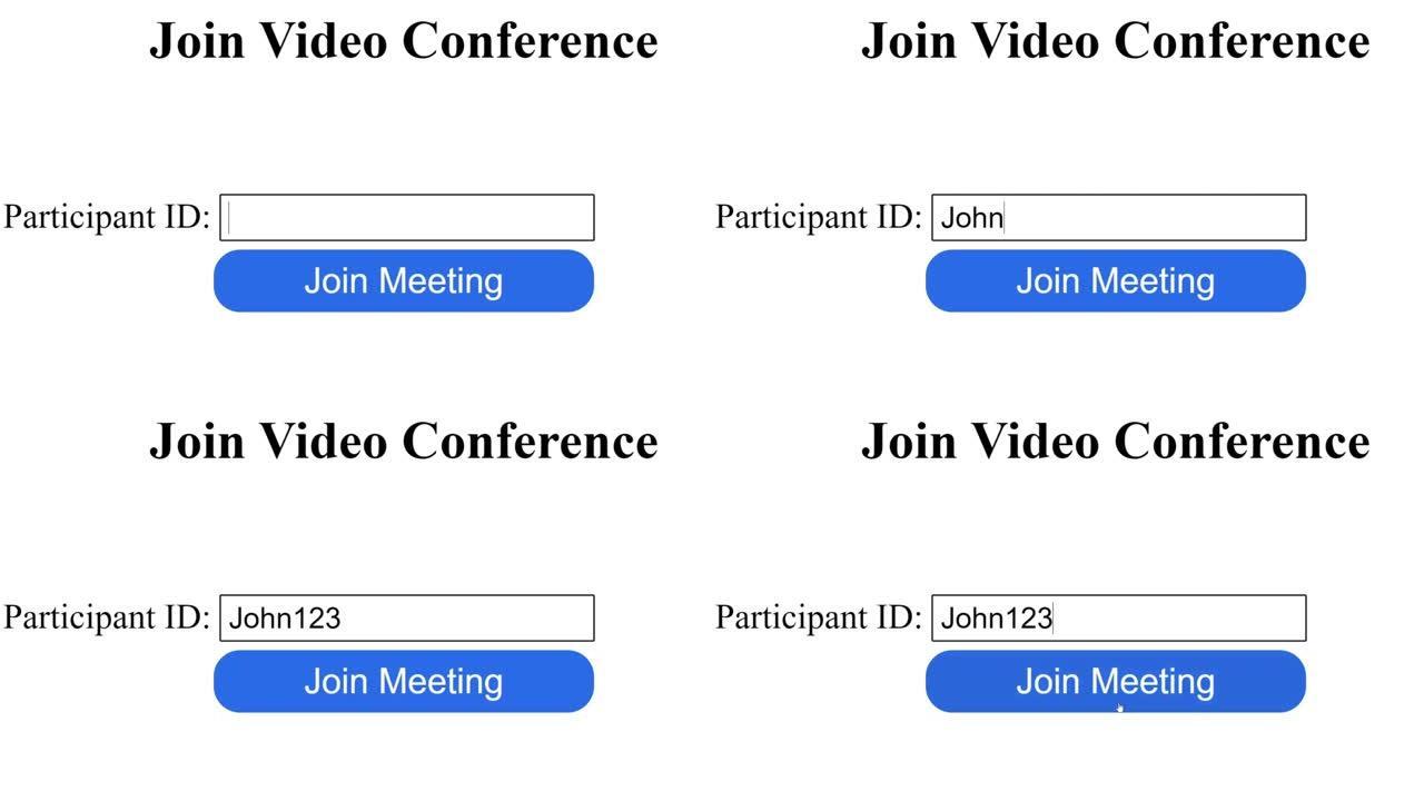 在视频会议登录中输入参与者姓名。鼠标光标滑动并单击加入会议以登录。光标点击加入网上聚会。