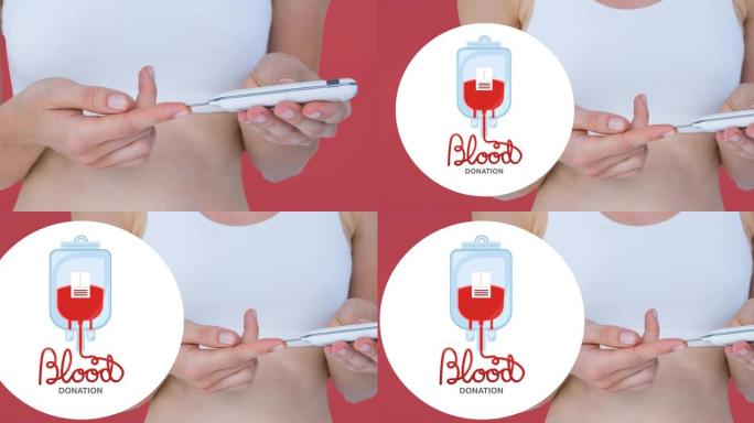 献血文字的动画与血袋标志超过妇女采取针刺血液测试